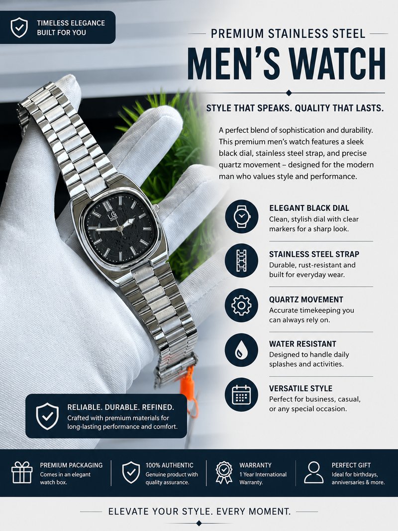 Elegant Silver Stainless Steel Men’s Watch  BRAND= FENTON &amp; LG 🌀&nbsp;
